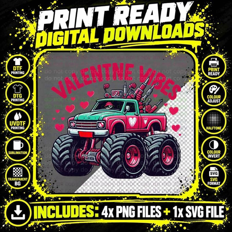 Valentine Vibes Purple Pink Monster Truck Hearts T-Shirt Png SVG Digital Bundle
