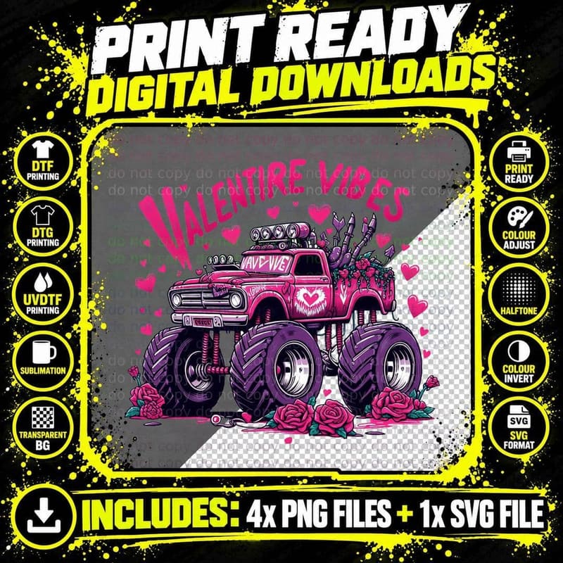 Valentine Vibes Purple Pink Monster Truck Roses T-Shirt Png SVG Digital Bundle