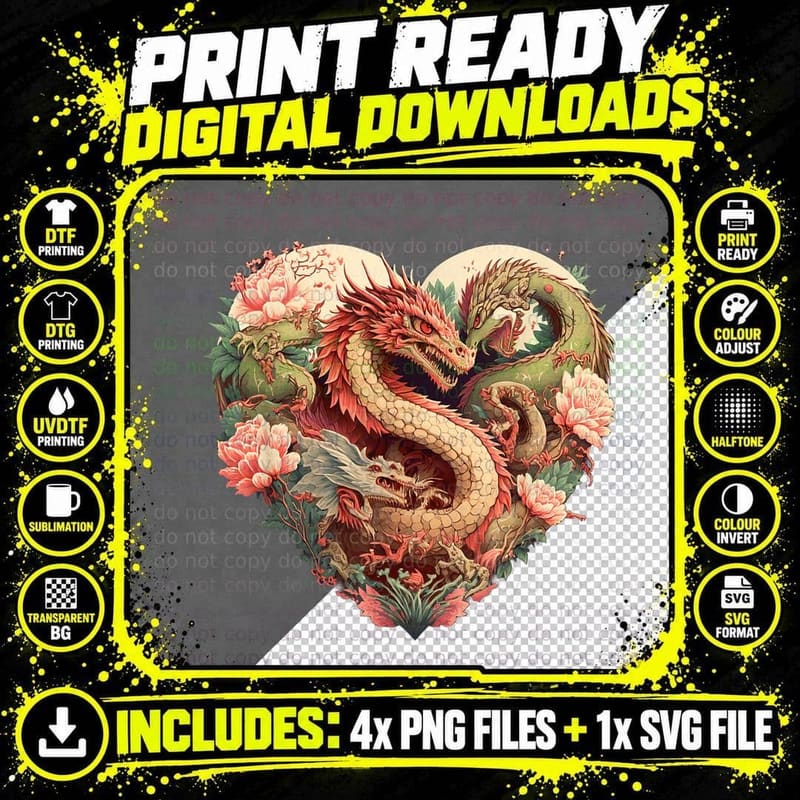 Valentine's Day Chinese Dragon Heart T-Shirt Png SVG Digital Bundle