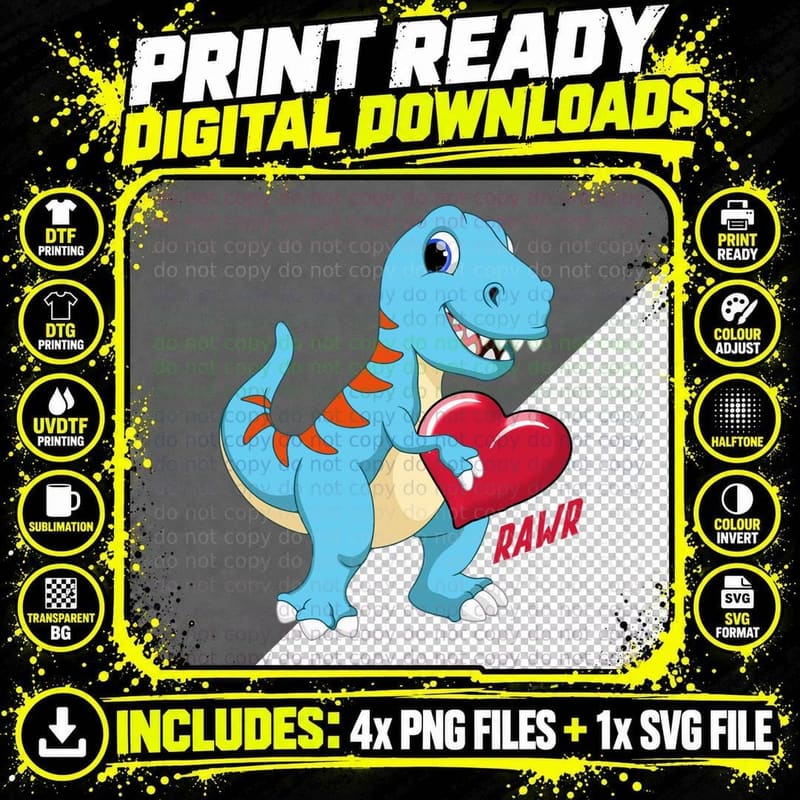 Valentine's Day Dinosaur T-Shirt, Love Heart Print Png SVG Digital Bundle