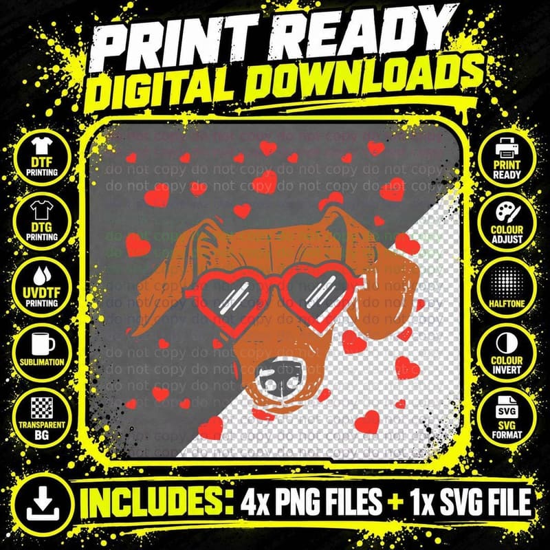 Valentine's Day Dog Heart Glasses T-Shirt Png SVG Digital Bundle