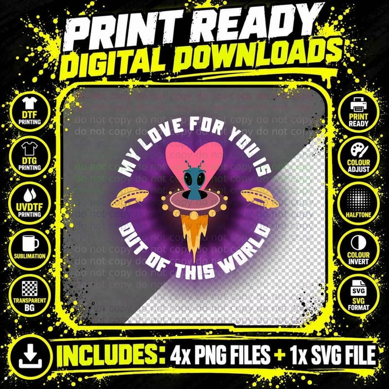 Valentine's Day Heart UFO Spaceship Alien Sci-Fi Lover Png SVG Digital Bundle