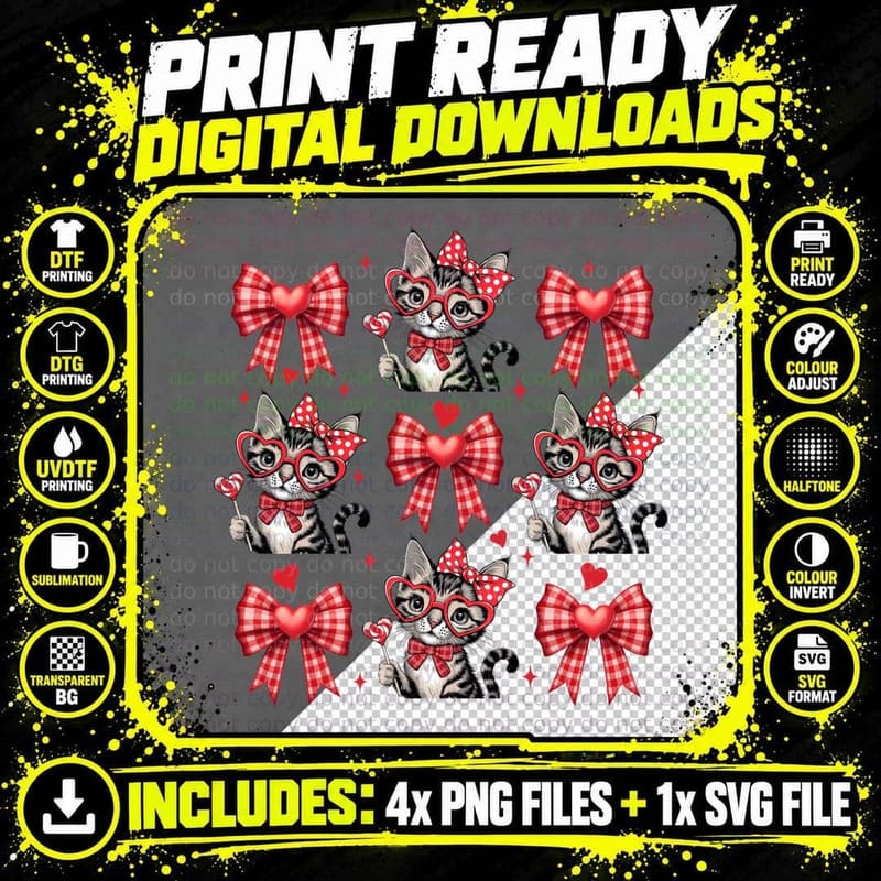 Valentine's Day Kittens with Hearts Cat T-Shirt Png SVG Digital Bundle