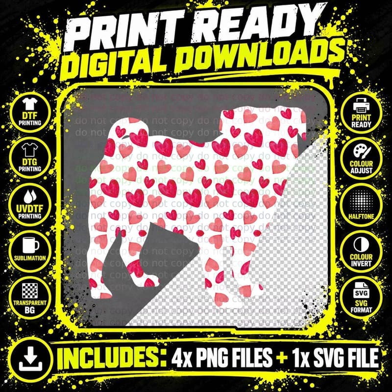 Valentine's Day Pug Hearts T-Shirt, Love Print Png SVG Digital Bundle