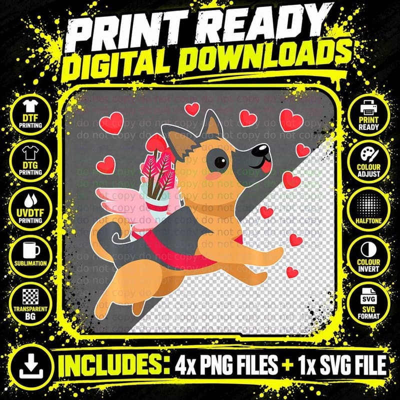 Valentines Cute Dog German Shepherd Puppy Dog Cupid Png SVG Digital Bundle