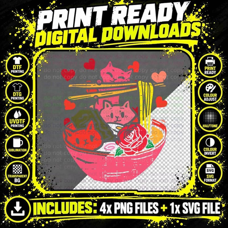 Valentines Day Cat Ramen Japanese Noodle Food T-Shirt Png SVG Digital Bundle
