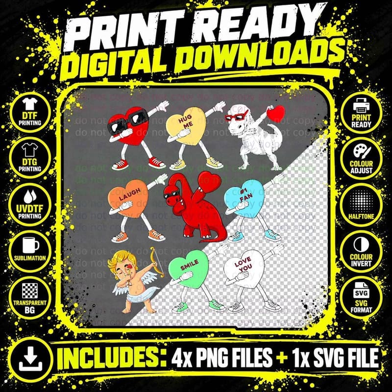 Valentines Day Dabbing Hearts Cupid T Rex Dino Dab Boys Png SVG Digital Bundle