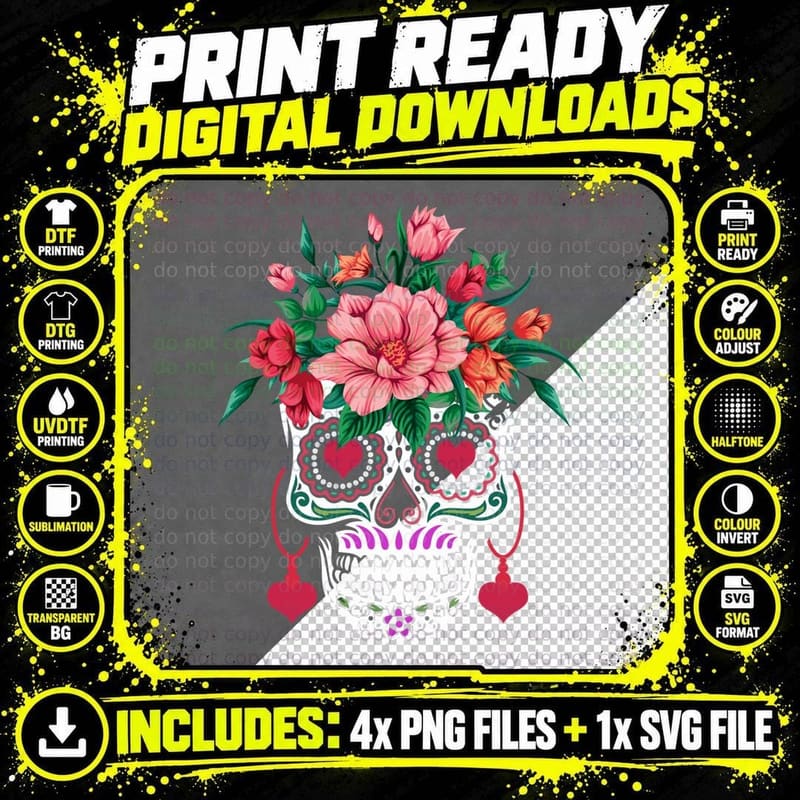 Valentines Day Dia De Los Muertos Floral Valentine Gift Png SVG Digital Bundle