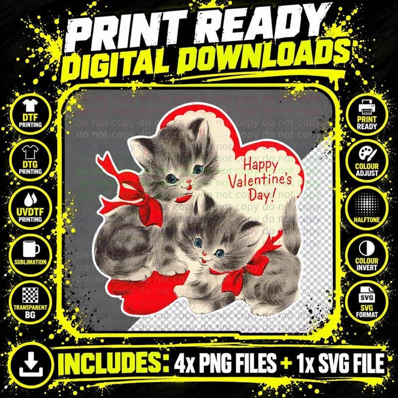 Vintage Valentine's Day Cat Kitten Kitty Retro Valentine Png SVG Digital Bundle