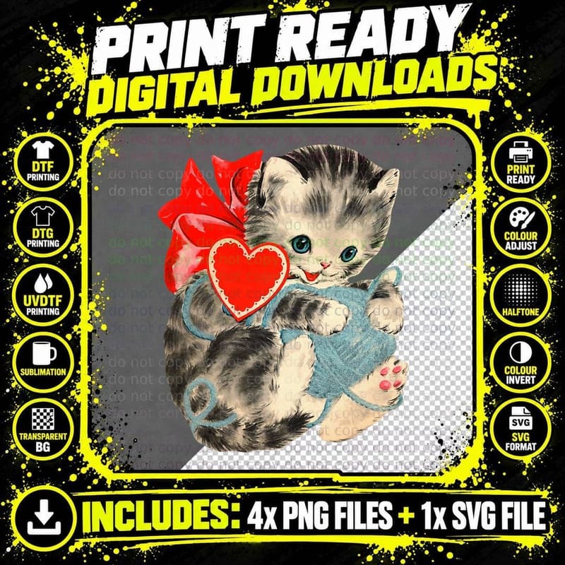 Vintage Valentine's Day Kitty Cat Yarn Cute Retro Png SVG Digital Bundle
