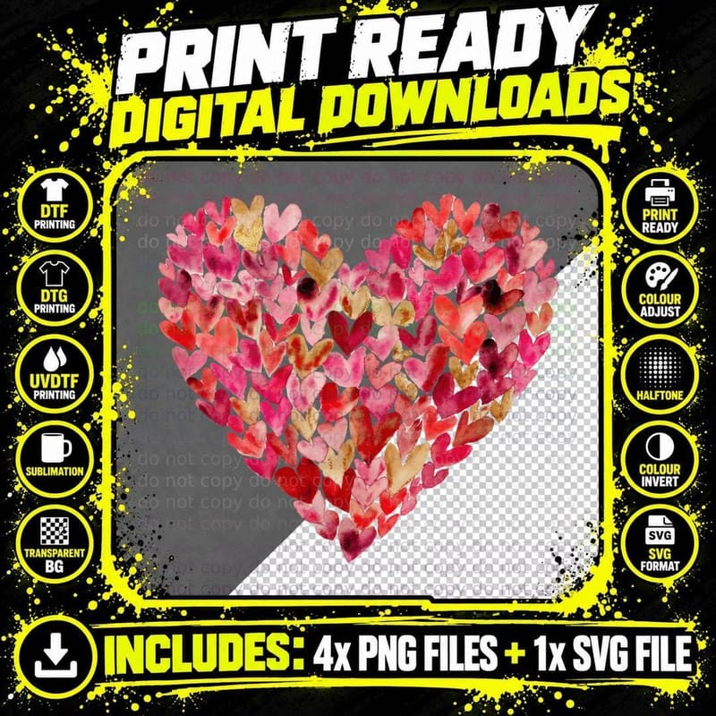Watercolor Painted Hearts Collage Valentine T-Shirt Png SVG Digital Bundle