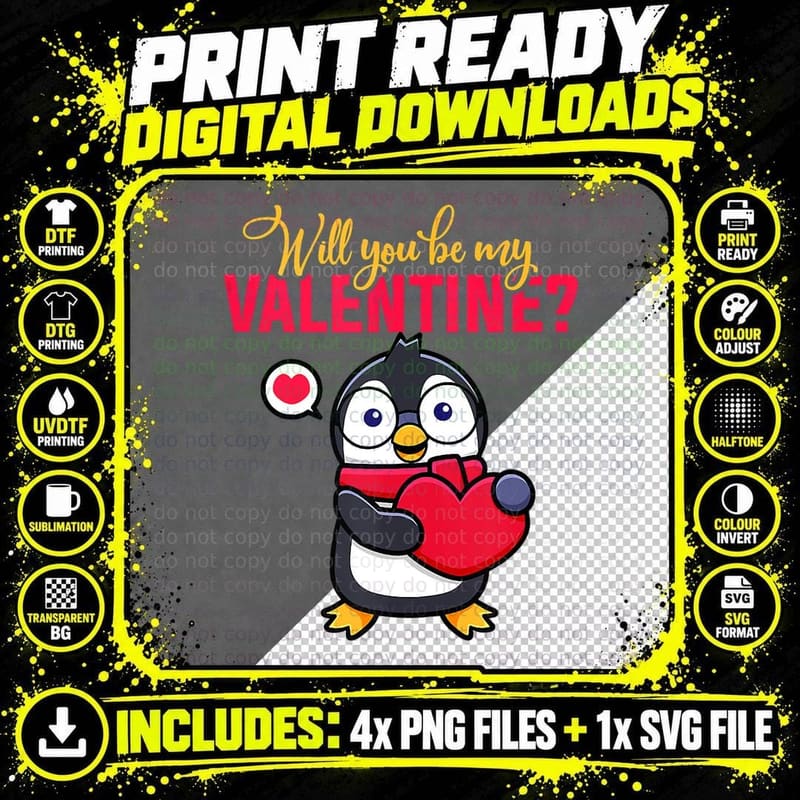 Will You Be My Valentine Penguin Valentines Day T-Shirt Png SVG Digital Bundle