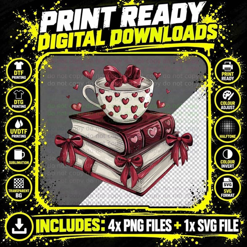 Wrapped Books and Hot Drink Valentine T-Shirt Png SVG Digital Bundle