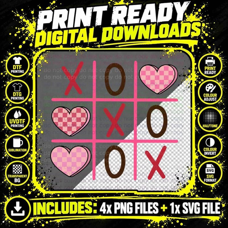 X O X Tic-Tac-Toe Hearts Valentine T-Shirt Png SVG Digital Bundle