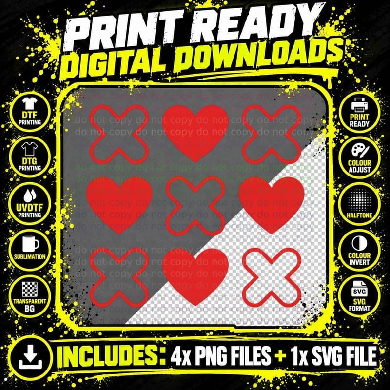 X and Heart Tic-Tac-Toe Grid Valentine T-Shirt Png SVG Digital Bundle