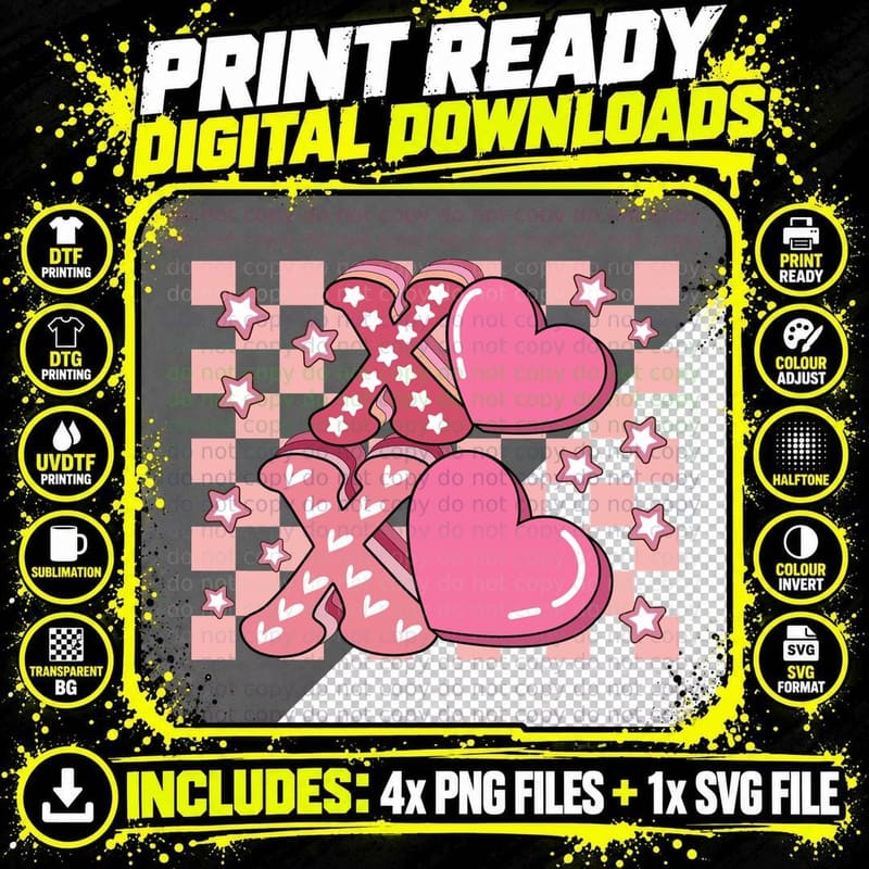X and Hearts Checkered Background Valentine T-Shirt Png SVG Digital Bundle