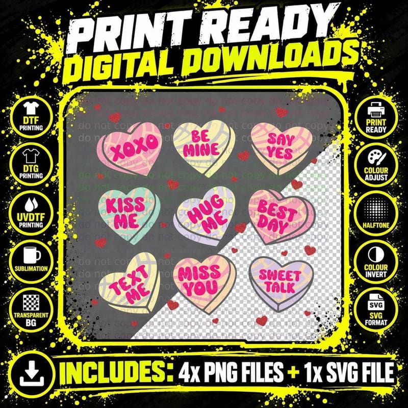 XOXO Be Mine Kiss Me Hug Best Day Text Miss Candy Hearts Png SVG Digital Bundle