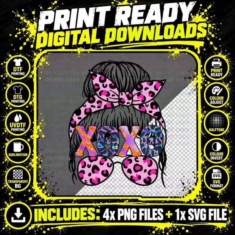 XOXO Leopard Girl Pink Bow Sunglasses Multicolor Png SVG Digital Bundle