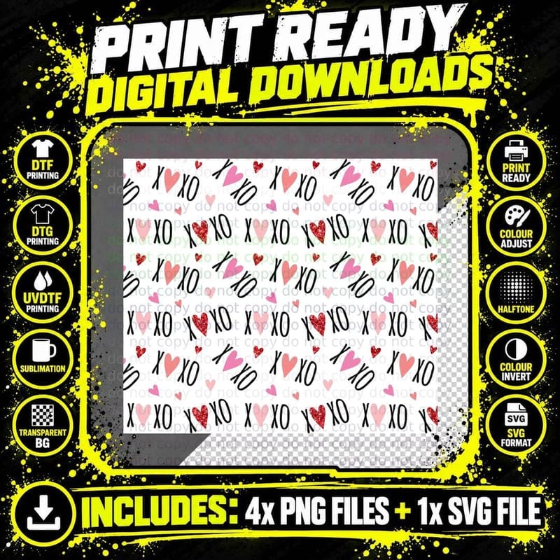 XOXO Pattern Pink and Red Hearts T-Shirt Png SVG Digital Bundle