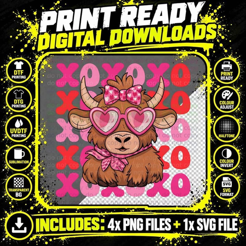 Xoxo Highland Cow T-Shirt, Valentine's Day Highland Cow Png SVG Digital Bundle