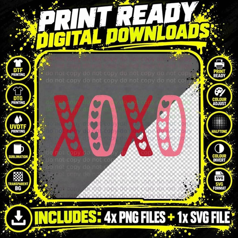 Xoxo Valentine T-Shirt, Bold XOXO Letters Heart Cutouts Png SVG Digital Bundle