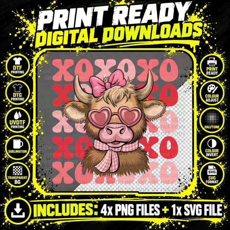 Xoxo Valentine T-Shirt, Cow Head with Bow Love Tee Png SVG Digital Bundle