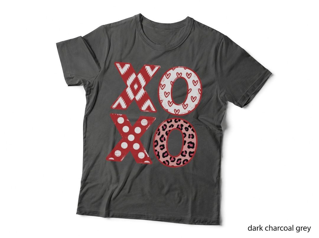 Xoxo Valentine T-Shirt, Large X O Patterned Letter Blocks Love Tee