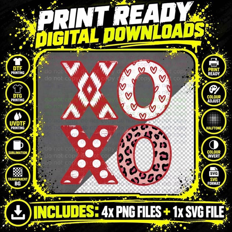 Xoxo Valentine T-Shirt, Large X O Patterned Letter Png SVG Digital Bundle