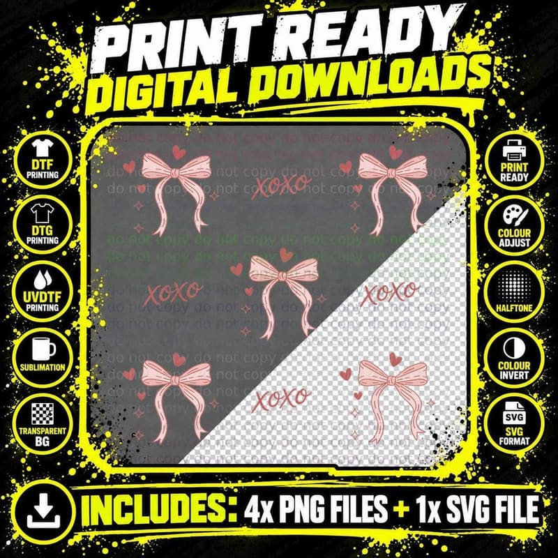 Xoxo Valentine T-Shirt, Pink Bows Xoxo Scattered Pattern Png SVG Digital Bundle