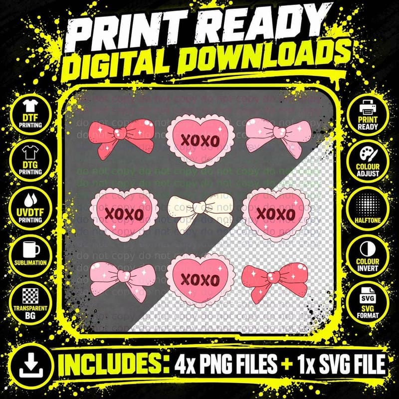 Xoxo Valentine T-Shirt, Pink Red Bows Small Hearts Love Png SVG Digital Bundle