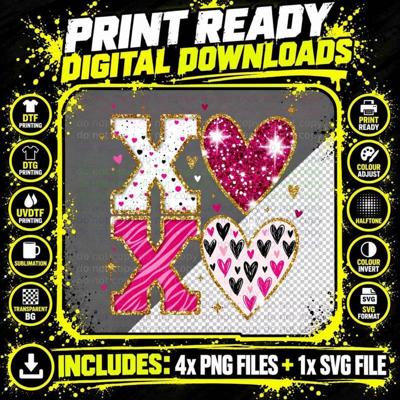 Xoxo Valentine T-Shirt, XOXO Glittery Gold Design Love Png SVG Digital Bundle