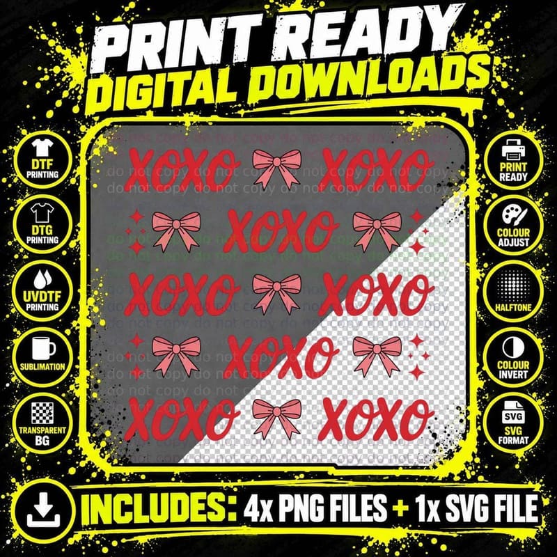Xoxo Valentine T-Shirt, XOXO and Bows Pattern Repeating Png SVG Digital Bundle