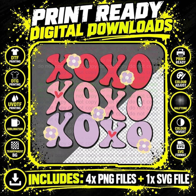 Xoxo Valentine T-Shirt, Xoxo Flowers Hearts Repeating Png SVG Digital Bundle