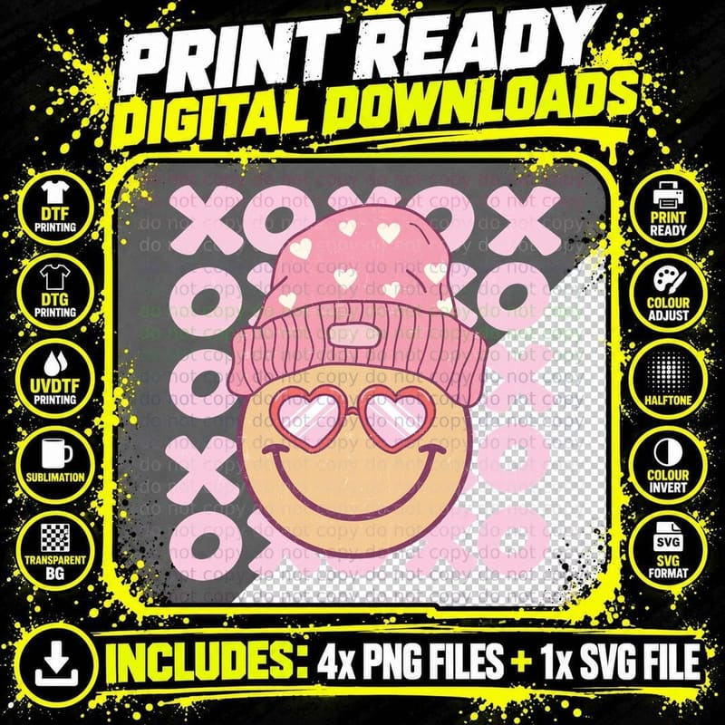 Xoxoxoxo Valentine T-Shirt, Smiley Face with Beanie Png SVG Digital Bundle