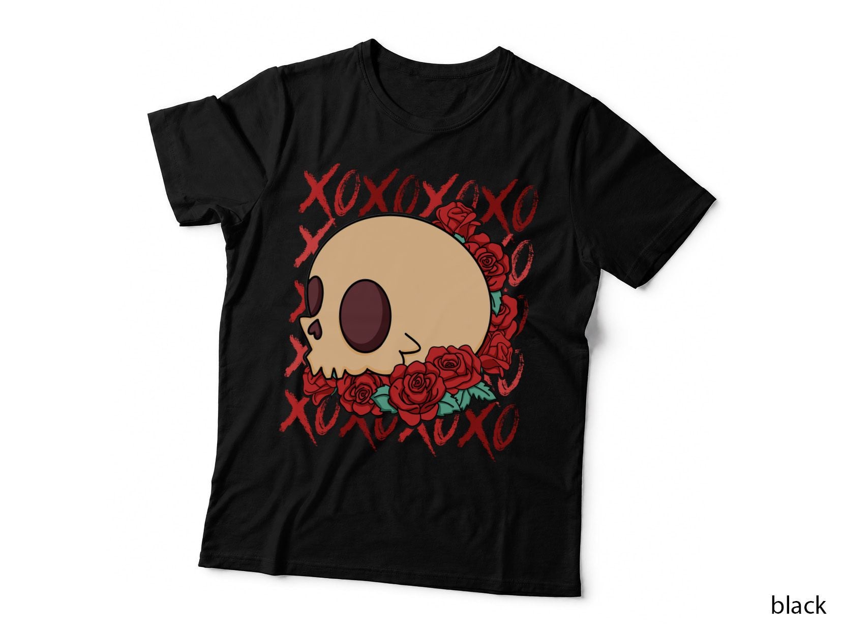 Xoxoxoxoxoxoxoxo Valentine T-Shirt, Skull with Roses Surrounded XOXO Love Tee