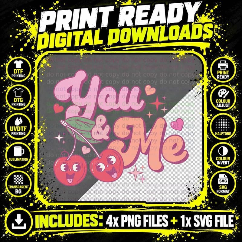 You & Me Valentine T-Shirt, Animated Cherry Characters Png SVG Digital Bundle