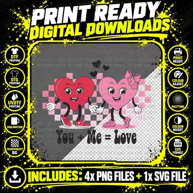 You + Me = Love Valentine T-Shirt, Cartoon Hearts Couple Png SVG Digital Bundle