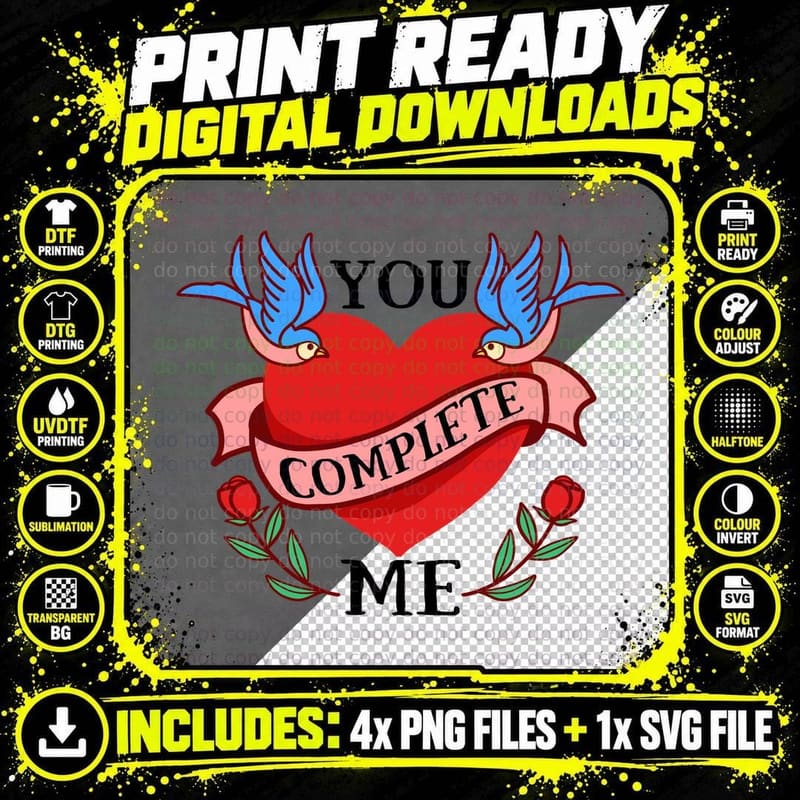 You Complete Me Valentine T-Shirt, Doves Heart Ribbon Png SVG Digital Bundle