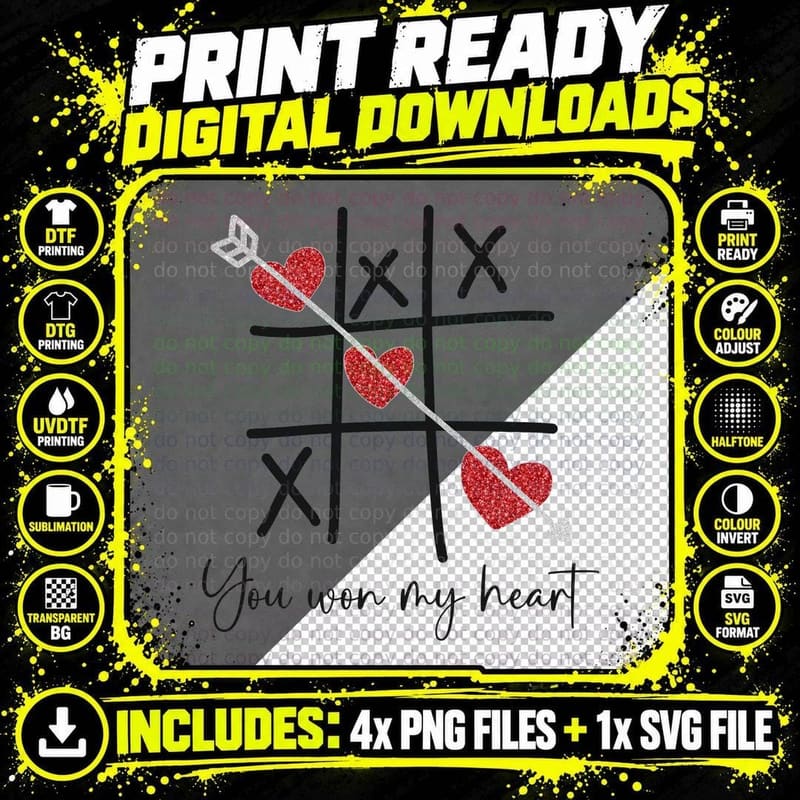 You Won My Heart Tic-Tac-Toe Game with Hearts and Arrow Png SVG Digital Bundle