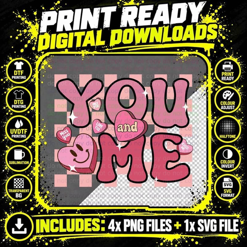 You and Me Valentine T-Shirt, Checkered Heart with Text Png SVG Digital Bundle