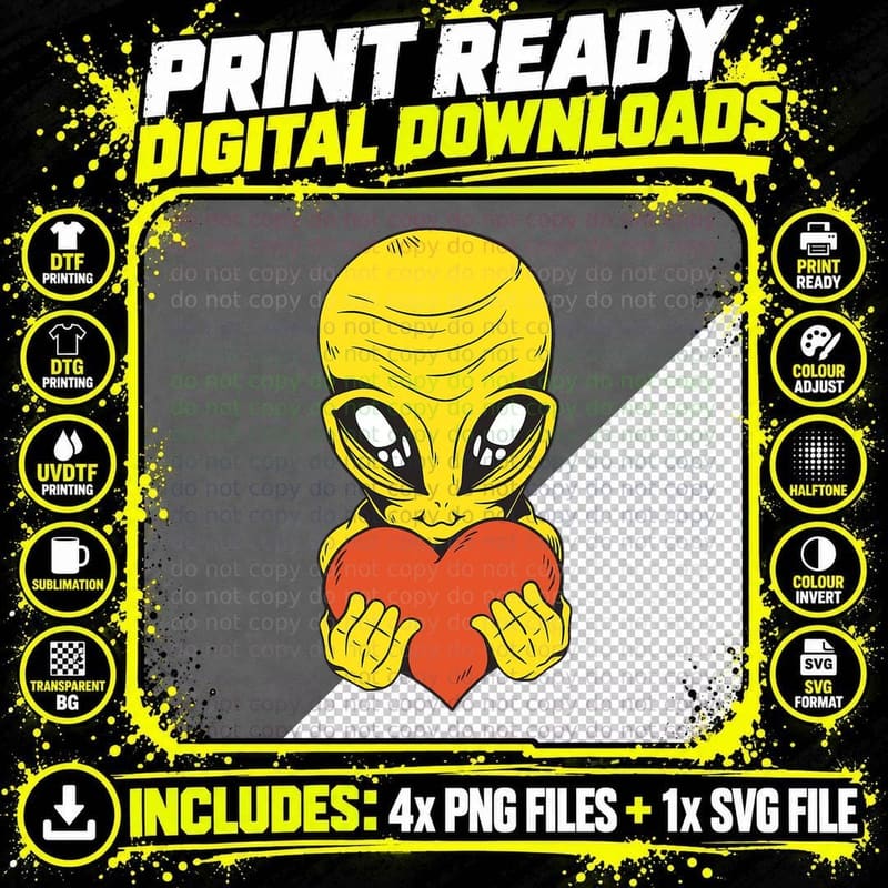 Alien Heart Valentines Day Gift Kids, Boys Png SVG Digital Bundle