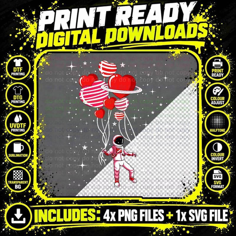 Astronaut Heart Balloons Valentines Day Cute Space-Man Png SVG Digital Bundle