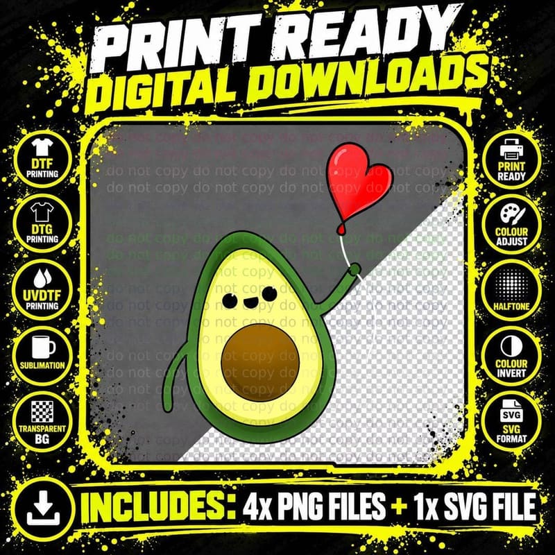 Avocado with Heart Balloon Valentines Day Avocado T-Shirt Png SVG Digital Bundle