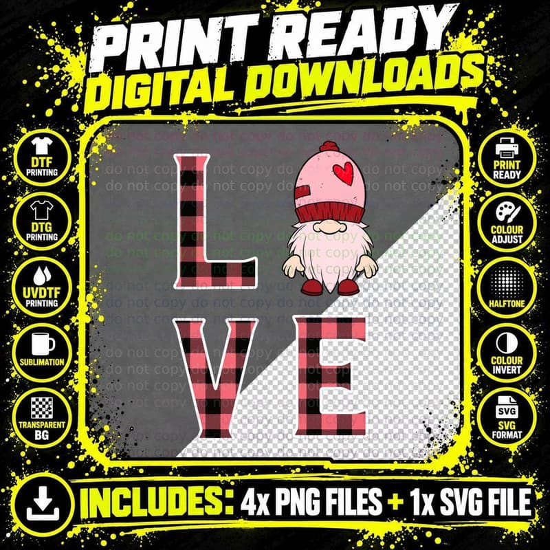 Buffalo Style Pink Plaid Gnome Love & Heart Valentines Png SVG Digital Bundle