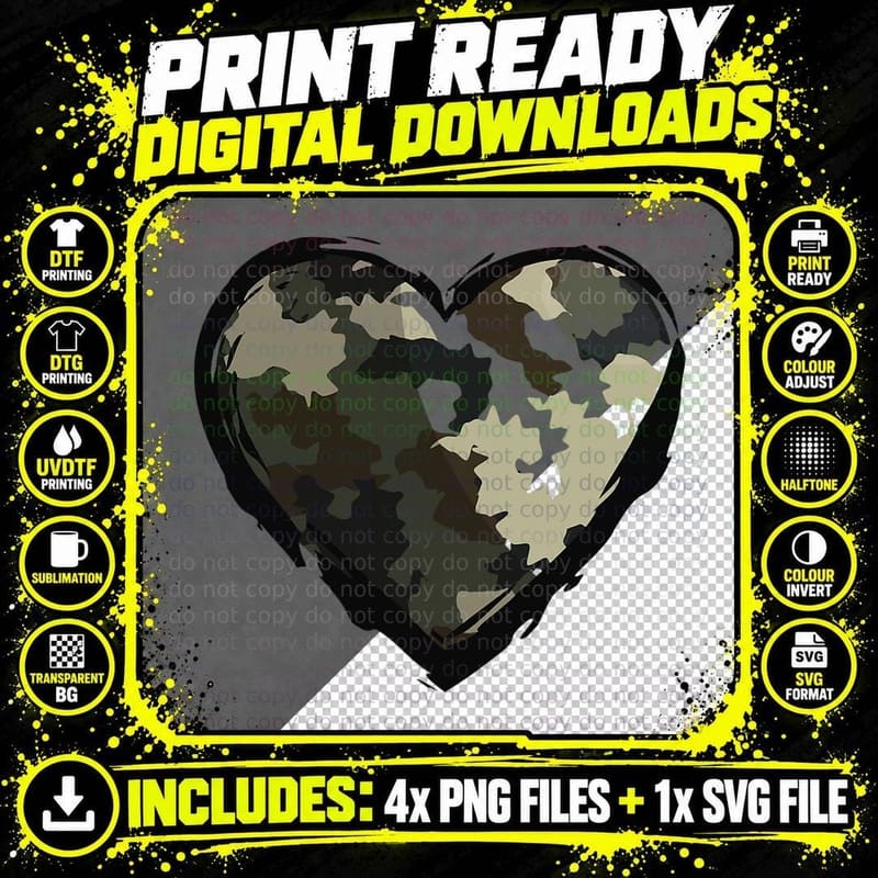 Camo Print Heart Happy Valentines Day T-Shirt Png SVG Digital Bundle