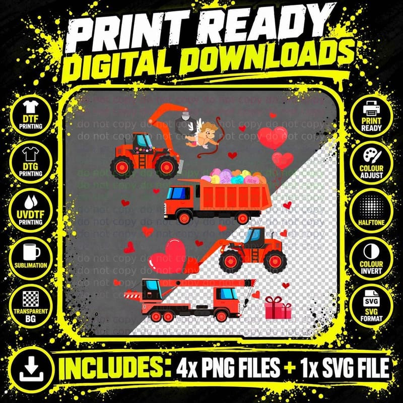 Construction Vehicle Valentines Day for Toddler Boys Png SVG Digital Bundle