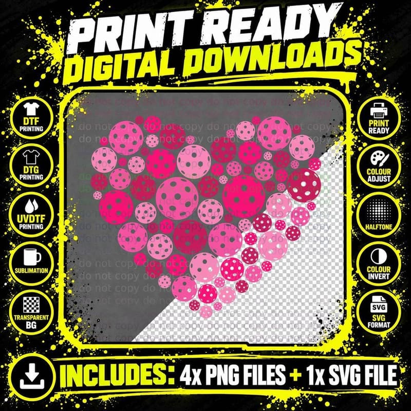 Cute Heart of Pickle Ball Valentines Day Pickleball Png SVG Digital Bundle