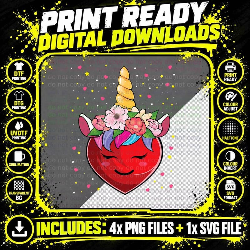 Cute Unicorn Heart Valentines Day Girls Kids Boys Gift Png SVG Digital Bundle