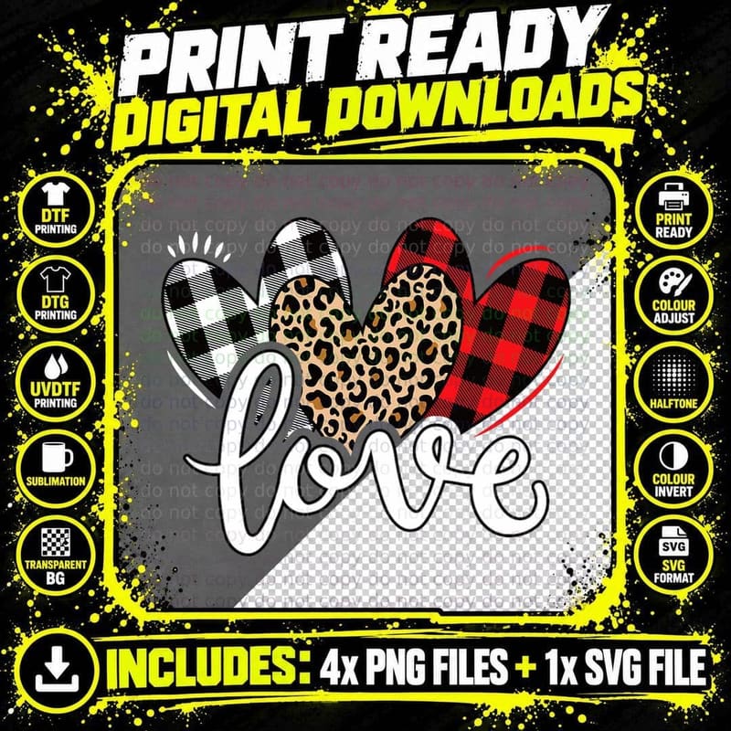 Cute Valentines Day Leopard Plaid Love Heart Women Girls Png SVG Digital Bundle