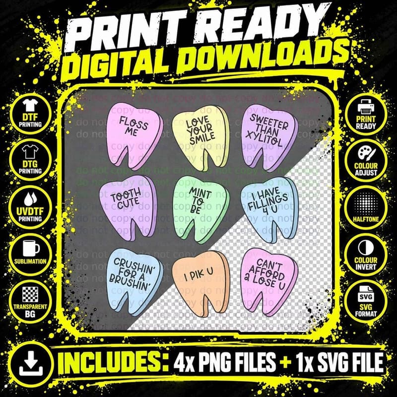 Cute Valentines Day Th Heart Tooth Dental Squad Dentist Png SVG Digital Bundle